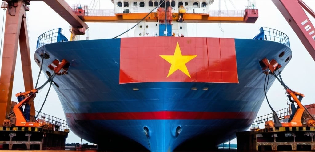 Prompt: Add Vietnam flag to a big ship being repaired in a port of Vietnam, there are some people wearing uniform with Vietnam flag