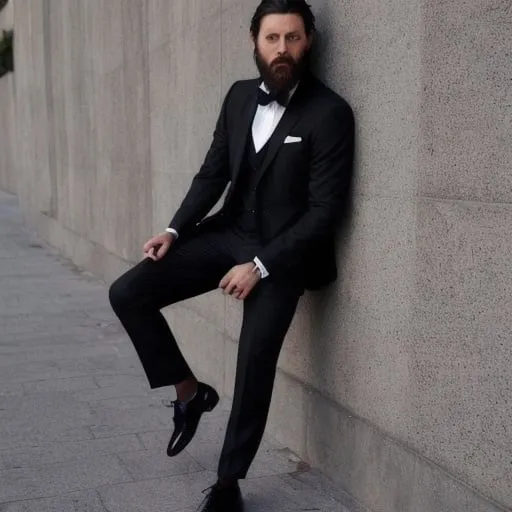 Prompt: black hair brown suit black shoes blue eyes short beard 