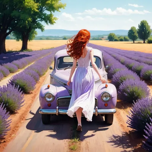 Prompt: The picture shows a field of lavender in which a red-haired girl appears wearing a long white dress and holding a bouquet of lavender flowers. This girl runs towards an old car located on the side of the road, where a man with white skin, black hair, and blue eyes sits in the driver's seat, waiting for the girl to run towards him.