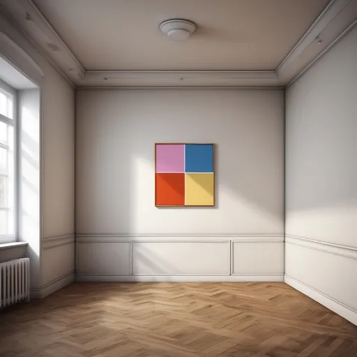 Prompt: Create a image of a single room with 3 walls a floor and a roof.

Add empty painting frames around the room.