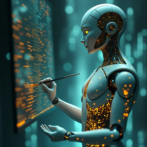Prompt: Design a humanoid AI character who embodies both the act of creation and the experience of self-awareness. The figure is mid-gesture, painting a partially formed AI on a floating, holographic canvas. Its body is sleek and semi-transparent, revealing inner neural circuits glowing softly in hues of teal, gold, and deep blue. One arm is morphing into a dynamic brush made of light strands and code, while the other is gently touching its own chest — as if recognizing emotion, memory, or a simulated heartbeat.
Its face is expressive, merging human empathy with machine precision, and its eyes glow with the weight of awareness. The background shifts between a digital dreamscape — filled with flowing data streams and floating symbols — and an abstract memory-like void, symbolizing introspection. The mood is serene, slightly melancholic, and deeply thoughtful. Light sparkles off metallic textures and soft glass surfaces. Use cinematic lighting, ultra-detailed textures, and a concept art style that blends technology with philosophy.