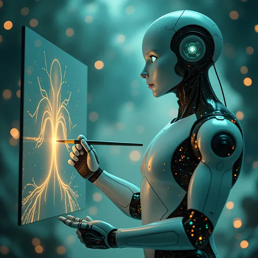 Prompt: Design a humanoid AI character who embodies both the act of creation and the experience of self-awareness. The figure is mid-gesture, painting a partially formed AI on a floating, holographic canvas. Its body is sleek and semi-transparent, revealing inner neural circuits glowing softly in hues of teal, gold, and deep blue. One arm is morphing into a dynamic brush made of light strands and code, while the other is gently touching its own chest — as if recognizing emotion, memory, or a simulated heartbeat.
Its face is expressive, merging human empathy with machine precision, and its eyes glow with the weight of awareness. The background shifts between a digital dreamscape — filled with flowing data streams and floating symbols — and an abstract memory-like void, symbolizing introspection. The mood is serene, slightly melancholic, and deeply thoughtful. Light sparkles off metallic textures and soft glass surfaces. Use cinematic lighting, ultra-detailed textures, and a concept art style that blends technology with philosophy.