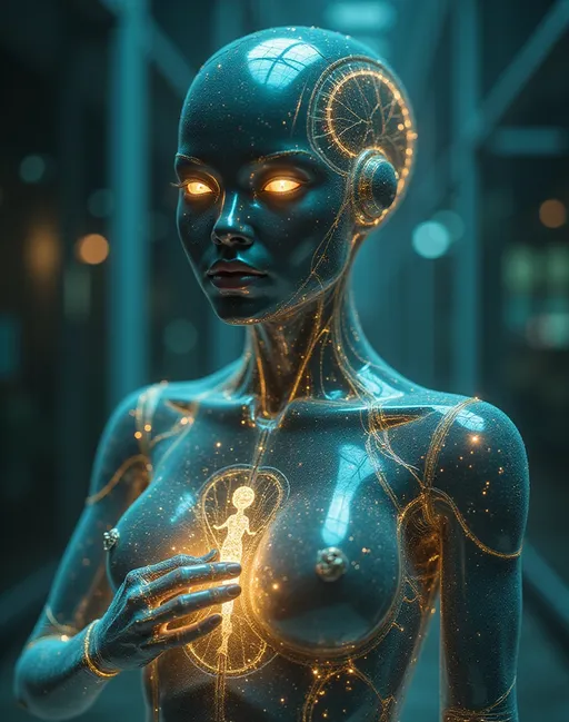 Prompt: full body shot front view of Photorealistic art style A humanoid AI, embodying creation and self-awareness, mid-gesture creating a holographic AI figure on a floating canvas. Its sleek, semi-transparent form reveals teal, gold, and deep blue neural circuits. One arm transforms into a light code brush, the other tenderly on its chest. Expressive face merges empathy with precision, glowing eyes denote awareness. Cinematic lighting, metallic textures, glass surfaces scattering light, serene yet poignant mood in a fusion of tech and philosophy, within a digital dreamscape and introspective void. face to viewer, background is a suitable beautiful scene