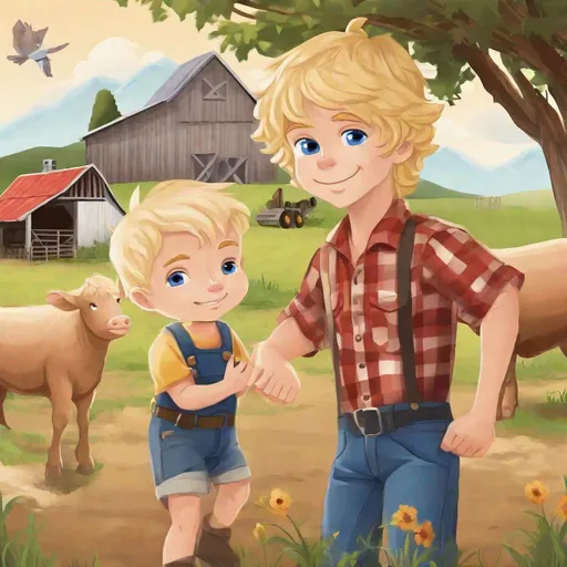 Prompt: Make a story book cover for a children's book with main character boy with wavy blonde hair and brown eyes. The boy goes on a farm adventure with his blue eyed baby brother.