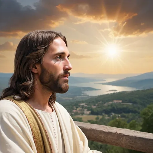 Prompt: make an image of jesus looking at a gorgeous view