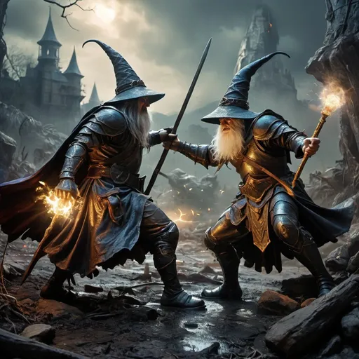 Prompt: Gloomy, war-torn, magical fight, Ralph Bakshi's Wizards scene, wizard twins fighting, photo-realistic, HDR, masterpiece, fantasy, intense battle, dark and foreboding atmosphere, mystical spells in the air, detailed magical effects, battle-worn armor, dramatic lighting, epic clash, high-quality, mythical creatures, mystical environment, fantasy art, intense action, atmospheric effects