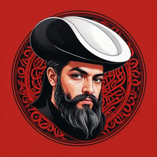 Prompt: a Persian calligraphy with a hat on top of it and a red and black background with a white background, Bouchta El Hayani, hurufiyya, logo, a character portrait