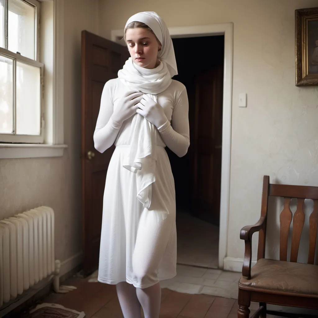 Prompt: A white, Caucasian young woman wearing white dress that goes down to her knee, thick white tights, white gloves, and white headscarf that goes past her chest standing in a house, slightly lowering her head, full-length portrait