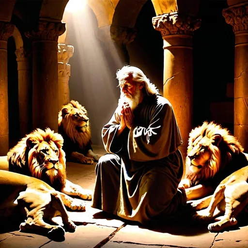 Prompt: Aged prophet Daniel praying in the lions den afraid