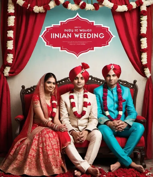 Prompt: 
I need to make a poster for a movie based on an indian wedding, uts is a comedic film. Create a background for the poster similar to this poster which resembles an indian wedding with red curtains some flower garlands going across the frame with other decorations. The aspect ratio for the art should be in instagram portrait ratio. Don’t add any characters in it and i want the art to be flat like a graphic design almost