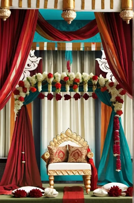 Prompt: 
I need to make a poster for a movie based on an indian wedding, uts is a comedic film. Create a background for the poster similar to this poster which resembles an indian wedding with red curtains some flower garlands going across the frame with other decorations. The aspect ratio for the art should be in instagram portrait ratio. Don’t add any characters in it and i want the art to be flat like a graphic design almost