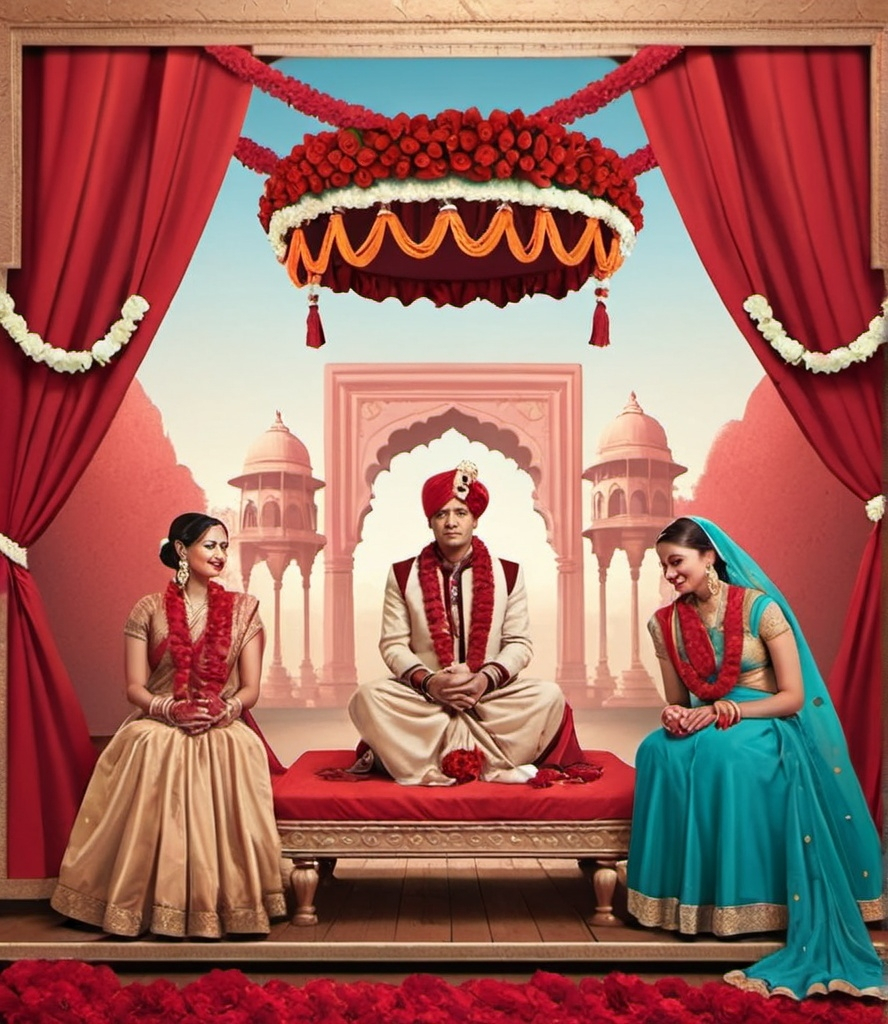 Prompt: 
I need to make a poster for a movie based on an indian wedding, uts is a comedic film. Create a background for the poster similar to this poster which resembles an indian wedding with red curtains some flower garlands going across the frame with other decorations. The aspect ratio for the art should be in instagram portrait ratio. Don’t add any characters in it and i want the art to be flat like a graphic design almost