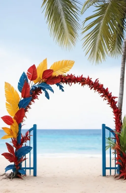 Prompt: Arco de hojas tropicales de colores azul, rojo y amarillo, con fondo blanco. 