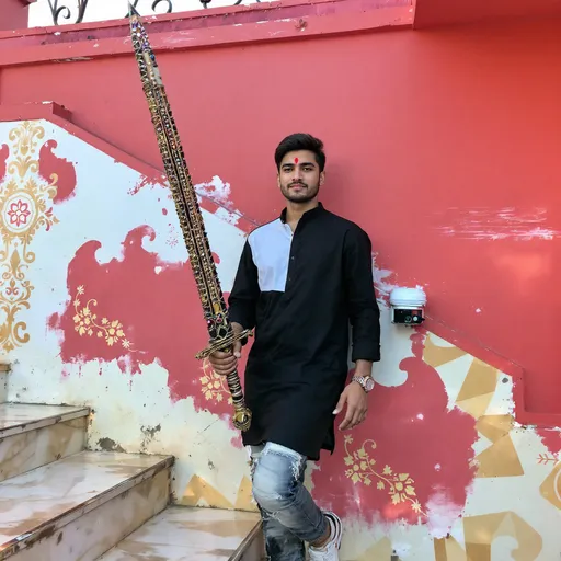 Prompt: In a vibrant outdoor setting, a young man stands confidently on a set of marble steps, leaning slightly against a coral-pink wall adorned with intricate patterns and topped with colorful decor. He sports a stylish half-black, half-white shirt, paired with denim trousers and white sneakers, while his expression conveys determination, accentuated by a small red mark on his forehead. Clutched in his right hand is a decorative sword with a long, intricately wrapped handle, suggesting an element of celebration or festivity. The scene is brightened by natural daylight, enhancing the playful yet serious mood, as the background hints at a bustling place infused with cultural significance.
