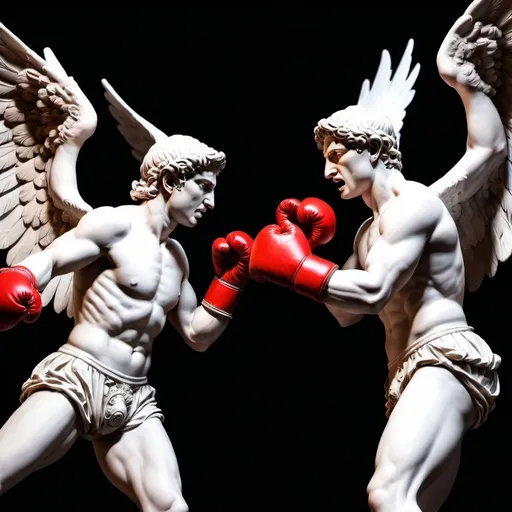 Prompt: Create me 2roman sculpture fighting each other with red boxing gloves and with wings flying with a black background 
