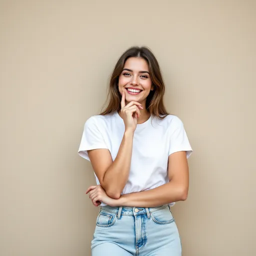 Prompt: Bathed in soft, muted tones, a young woman radiates confidence as she poses against a simple, textured wall. Wearing a casual white t-shirt and high-waisted, slightly baggy denim jeans, she leans playfully with one hand against the wall while the other rests on her chin, wearing a bright smile that conveys joy. The monochromatic palette enhances the striking shadows cast by her figure, emphasizing her silhouette and creating a sense of depth. Her casual stance, with one leg bent at an angle, suggests a relaxed yet playful mood, perfectly capturing a moment of youthful exuberance. The overall composition feels intimate and engaging, drawing the viewer into her cheerful demeanor.