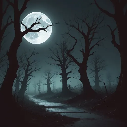 Prompt: Create an image representing a haunted TikTok channel. The image should evoke an atmosphere of mystery and horror, using elements such as eerie shadows, a full moon in a dark sky, twisted trees, and perhaps a ghostly silhouette. Focus on creating a sense of suspense and intrigue without including any text. The color palette should be dominated by dark and cool tones, with a touch of diffused light to highlight the eerie details of the scene.
