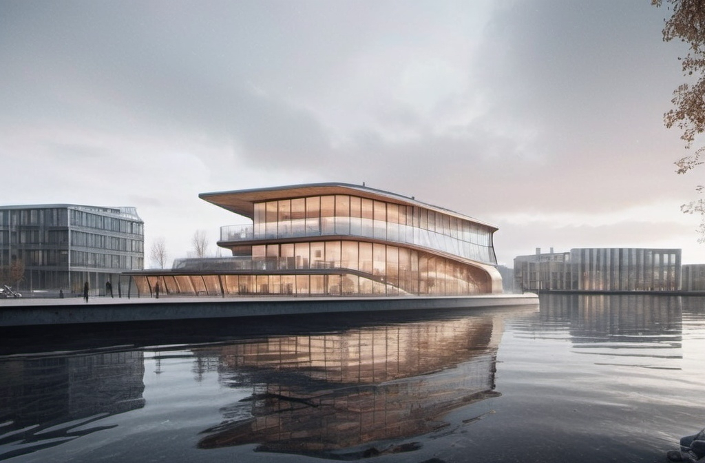 Prompt: Futuristic two-story waterfront building The sailboat windbreak is surrounded by buildings