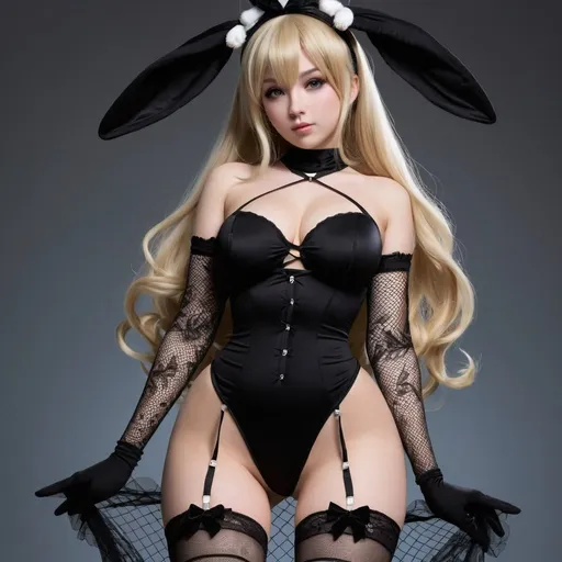 Prompt: Imagine a blonde enchantress, her hourglass figure accentuated by a hime (princess) hairstyle, clad in an alluring black bunny girl ensemble. She sports long thigh-high net socks that draw attention to her shapely thighs. With a trusting gaze directed towards the viewer, she stands with her back facing them, exuding an air of playful intoxication. In this charmingly tipsy pose, she showcases her curves with a flirtatious allure.
