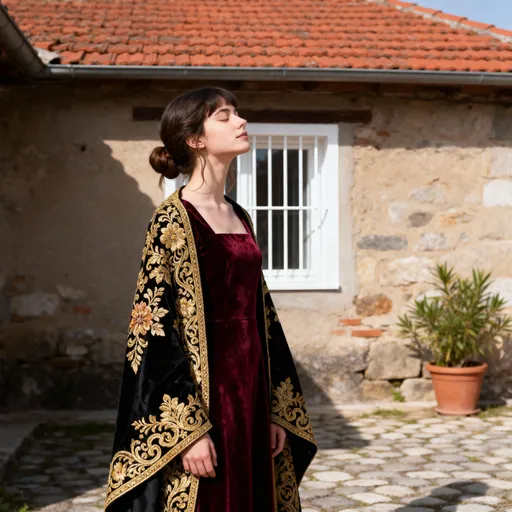 Prompt: This is a photograph of a young woman standing outdoors in a rustic setting. She is facing to the right, with her head slightly tilted up and her eyes closed, giving her a serene and contemplative expression. She has fair skin and dark brown hair, which is styled in a loose bun with a few strands gently framing her face. She is wearing a deep burgundy velvet dress with a square neckline, which is modest and elegant. Draped over her shoulders is an ornate, gold and black embroidered shawl with intricate floral and paisley patterns. The shawl has wide, flowing sleeves that add a touch of regality to her outfit.
In the background, there is a rustic building with a red brick roof and stone walls. A window with a white frame and bars is visible behind her, and a potted plant can be seen on the ground to the right. The ground is paved with cobblestones, adding to the rustic charm of the setting. The lighting is warm and natural, casting soft shadows that enhance the textures of the velvet dress and the embroidered shawl. The overall mood of the photograph is one of quiet elegance and timeless beauty.