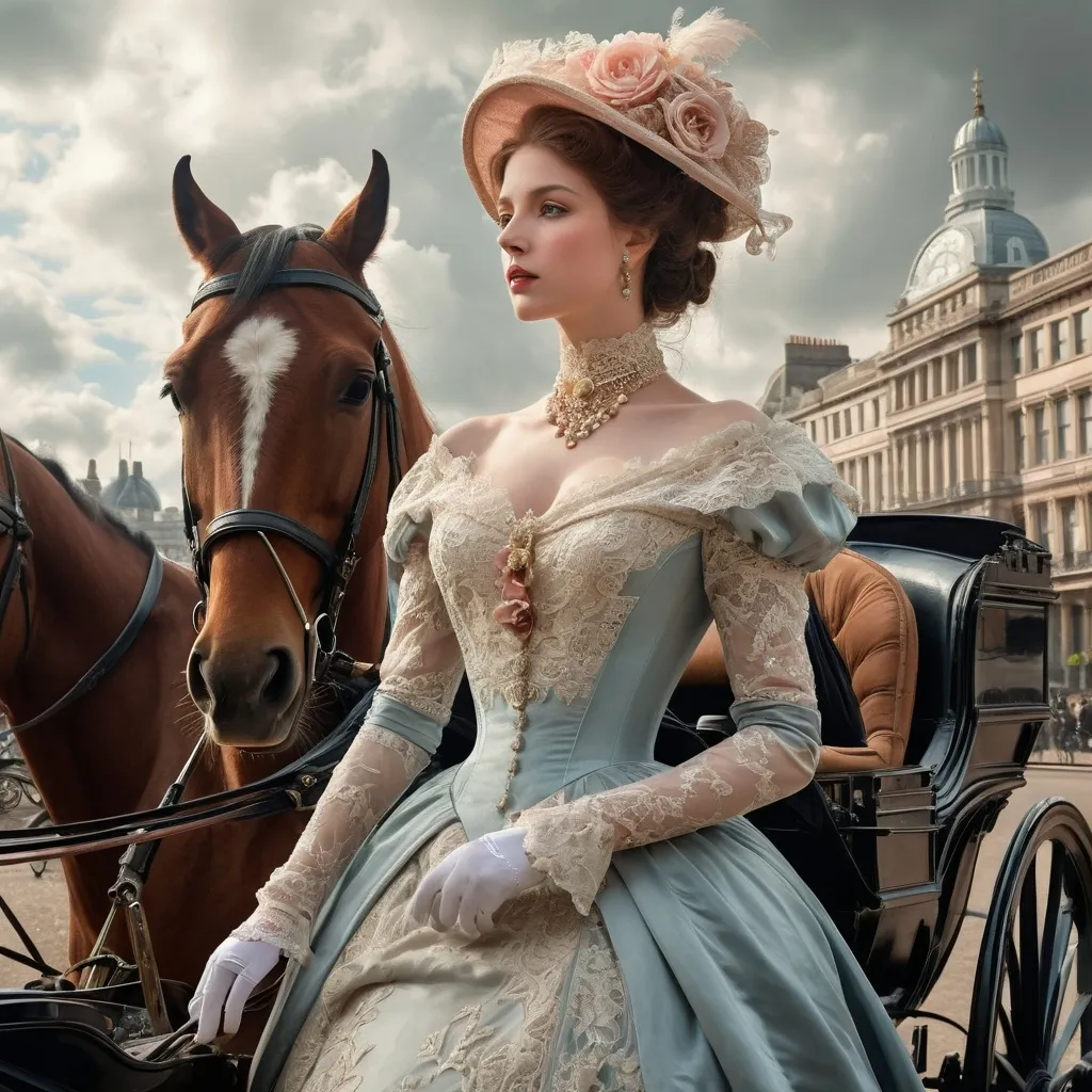 Prompt: (ultra-detailed) giant lady in a Victorian dress, (grandeur, elegance) towering over Victorian London, intricate lace and silk details in her gown, (soft sunlight) filtering through cloudy skies, bustling city backdrop with horse-drawn carriages and people, (dramatic atmosphere) blending whimsy and nostalgia, rich colors, (fantastical elements) capturing the allure of a bygone era, high-quality rendering, inviting charm mixed with curious wonder.large chest