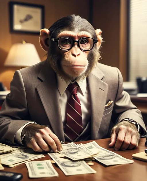 Prompt: retro filter, monkey in a suit at a desk, with a stock graph behind it, money everywhere, realistic, monkey looking down at money spread, with glasses, older look