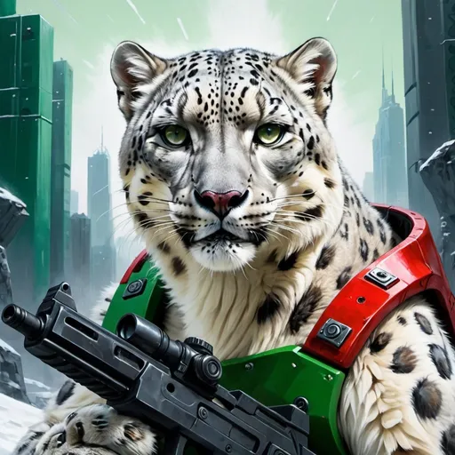 Prompt: Futuristic-sci-fi oil painting of a majestic snow leopard, high-res, game logo, green and white primary colors, red and grey secondary colors, detailed fur with cool reflections, intense and focused gaze, high-tech gun, diablo in the  background, professional, atmospheric lighting, sci-fi, oil painting, high-res, game logo, majestic snow leopard, detailed fur, intense gaze,  futuristic city skyline, green and white primary colors, red and grey secondary colors