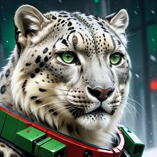 Prompt: Futuristic-sci-fi oil painting of a majestic snow leopard, high-res, game logo, green and white primary colors, red and grey secondary colors, detailed fur with cool reflections, intense and focused gaze, high-tech gun, chaotic   background, professional, atmospheric lighting, sci-fi, oil painting, high-res, game logo, majestic snow leopard, detailed fur, intense gaze, high-tech collar, futuristic city skyline, green and white primary colors, red and grey secondary colors