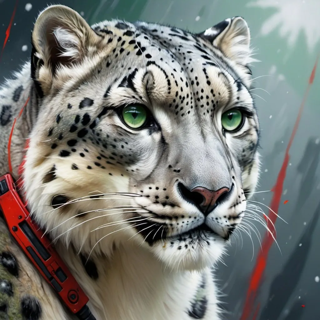 Prompt: Game logo, Futuristic-sci-fi oil painting of a majestic snow leopard, high-res, game logo, green and white primary colors, red and grey secondary colors, detailed fur with cool reflections, intense and focused gaze, high-tech gun, demons in the  background, professional, atmospheric lighting, sci-fi, oil painting, high-res, game logo, majestic snow leopard, detailed fur, intense gaze, demons, green and white primary colors, red and grey secondary colors