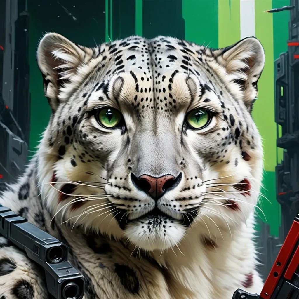 Prompt: Futuristic-sci-fi oil painting of a majestic snow leopard, high-res, game logo, green and white primary colors, red and grey secondary colors, detailed fur with cool reflections, intense and focused gaze, high-tech gun, diablo in the  background, professional, atmospheric lighting, sci-fi, oil painting, high-res, game logo, majestic snow leopard, detailed fur, intense gaze,  futuristic city skyline, green and white primary colors, red and grey secondary colors