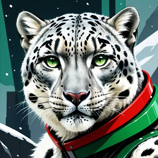 Prompt: Futuristic-sci-fi oil painting of a majestic snow leopard, high-res, game logo, green and white primary colors, red and grey secondary colors, detailed fur with cool reflections, intense and focused gaze, high-tech gun, futuristic  background, professional, atmospheric lighting, sci-fi, oil painting, high-res, game logo, majestic snow leopard, detailed fur, intense gaze, high-tech collar, futuristic city skyline, green and white primary colors, red and grey secondary colors