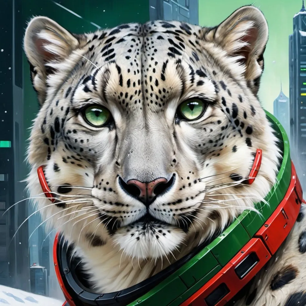 Prompt: Futuristic-sci-fi oil painting of a majestic snow leopard, high-res, game logo, green and white primary colors, red and grey secondary colors, detailed fur with cool reflections, intense and focused gaze, high-tech gun, chaotic   background, professional, atmospheric lighting, sci-fi, oil painting, high-res, game logo, majestic snow leopard, detailed fur, intense gaze, high-tech collar, futuristic city skyline, green and white primary colors, red and grey secondary colors