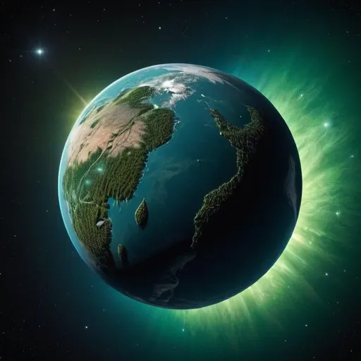 Prompt: James Webb Telescope photo showing a whole spherical green and blue planet full of forests, cinematic lighting, starfield background, HD, make forests well visible, add some mountains, add some blue ocean