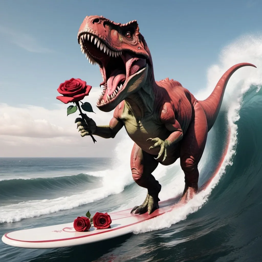 Prompt: A T-rex surfing on a wave of blood and in it's hand it's holding a rose