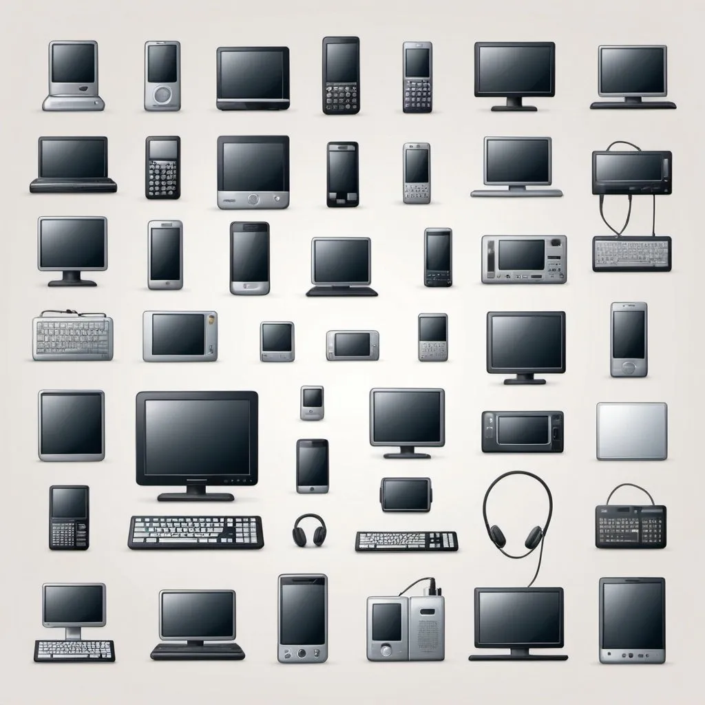 Prompt: "A collection of icons depicting various electronic devices, including a PC monitor, cell phones, cables, keyboards, and other electronic gadgets. The icons are neatly arranged in a grid pattern, each with a clean and modern design, set against a light background. Each icon is detailed and easily recognizable, representing different types of electronic equipment.