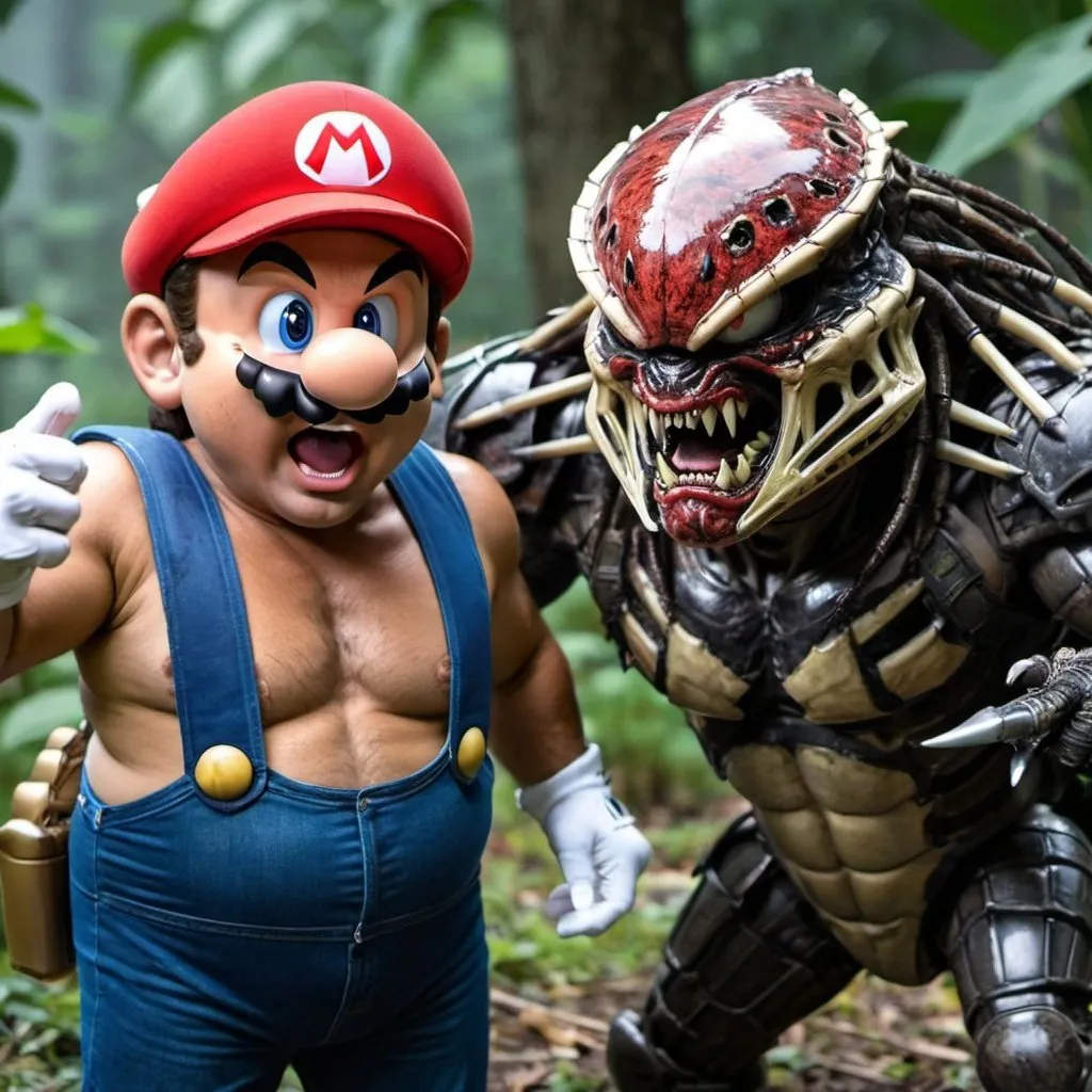 Prompt: Supermario shocking to see predator