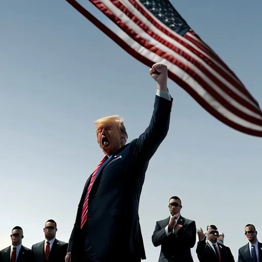 Prompt: trump yelling fight with fist up while surrounded by secret service agents and the american flag in the sky in the background. image from the right angle ultra realistic