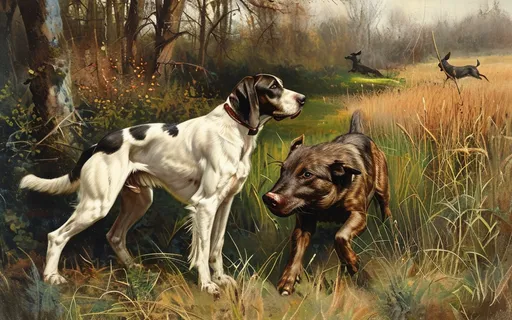 Prompt: great dane hunting wild boar vintage style paint art