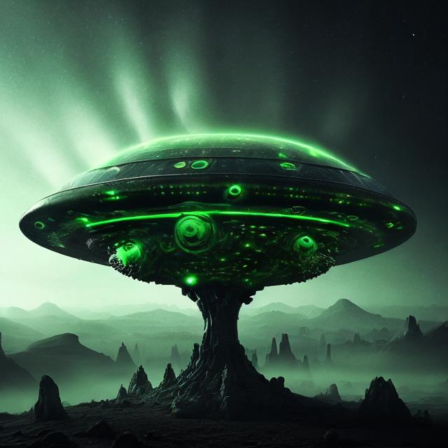 Prompt: UFO hovering in the night sky, eerie green glow, detailed metallic structure, swirling clouds, otherworldly presence, ancient conspiracy, menacing aura, surreal and mysterious, high quality, digital art, eerie lighting, money is evil, Jesus, symbolic, supernatural, sci-fi, religious, atmospheric lighting