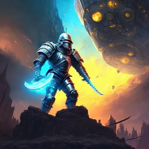 Prompt: Detailed digital illustration of a brave knight battling capitalism, small UFO hovering in the sky, vibrant and contrasting colors, high-resolution, digital art, medieval fantasy, heroic knight, powerful anti-capitalist symbolism, dramatic lighting, futuristic UFO, epic battle scene, dynamic action, anti-establishment narrative, vibrant colors, atmospheric lighting, high quality, digital illustration, fantasy, anti-capitalist, vibrant colors, dramatic lighting