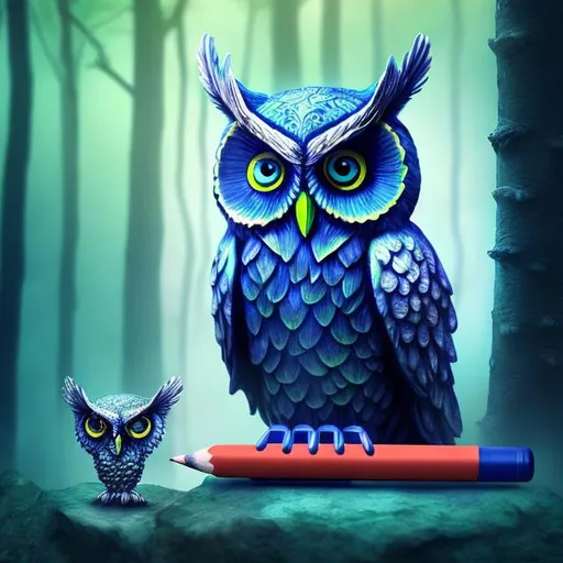 A blue owl with a pencil in a forest (mystical, digi