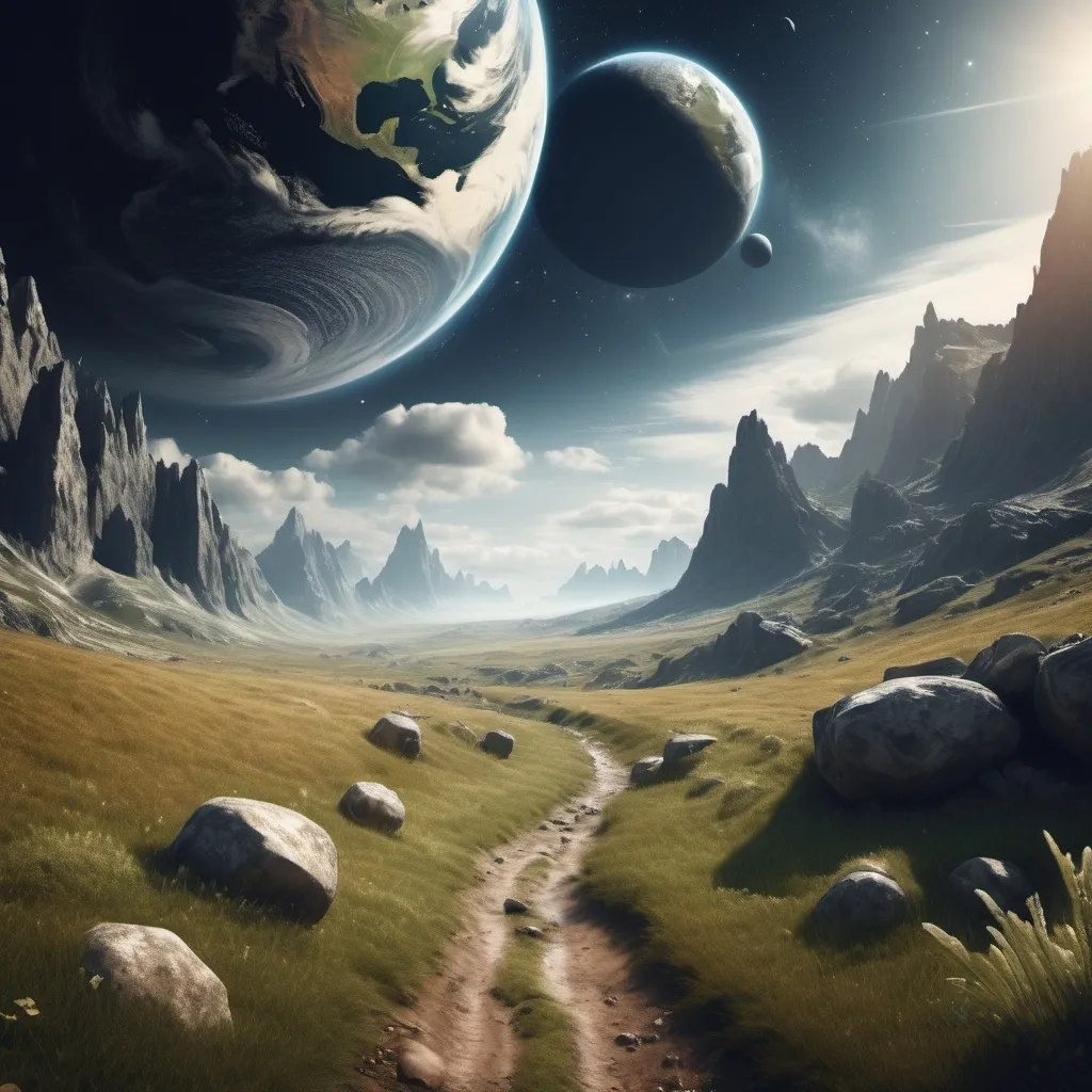 Prompt: "Erstelle ein möglichts einfaches und klar verständliches natürliches realistisches Bild zu folgendem Inhalt: Landschaft , scenery im Kontext Weltall, Erde , Umwelt , Lebewesen - ohne Text !"							
