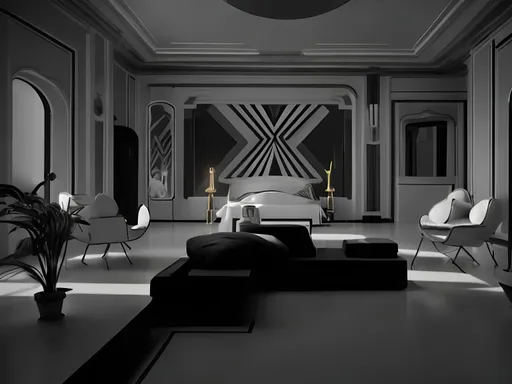 Prompt: without humans art deco minimalist interior inspired by Camille movie 1921 black and white old movie resolution 4k