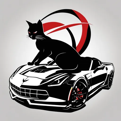 Prompt: black and red logo with a black cat and a black corvette 2016 c7