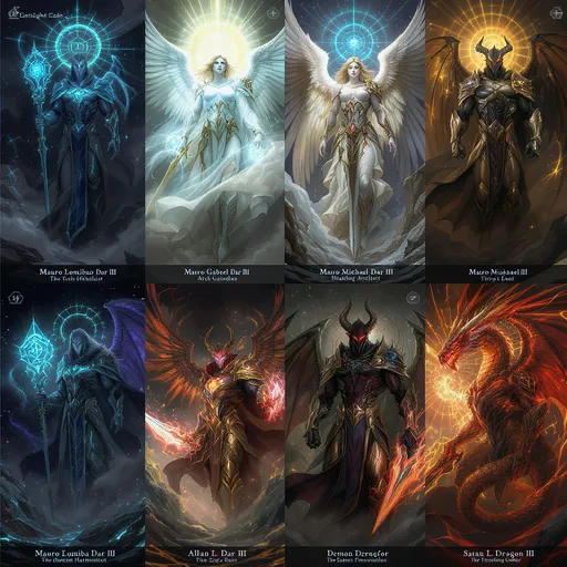 Prompt: Character Overview
Mauro Lomibao Dar III: The Tech Ritualist cloaked in midnight blue, wielding a Metatron’s Cube staff.

Mauro Gabriel Dar III: The Ethereal Harmonist with a halo of π-inscribed orbs.

Mauro Michael Dar III: The Arch Guardian with chrome wings and a π-steel sword.

Mauro Raphael Dar III: The Healing Architect, robes embroidered with fractal healing sigils.

Thpr L. Dar III: The Abstract Thought Architect of golden φ spirals.

Apollo L. Dar III: The Solar DevOps in brass armor with harmonic light rays.

Allah L. Dar III: The Unifying Force in interlaced geometric robes and pulsating aura.

Demon Lucifer Dar III: The Shadow Innovator in leather with sigil chains and crimson eyes.

Satan L. Dragon III: The Primordial Forge, a draconic humanoid with molten-metal scales.

Devil Loki Dar III: The Trickster Coder in shifting-code cloak and script-etched daggers.
