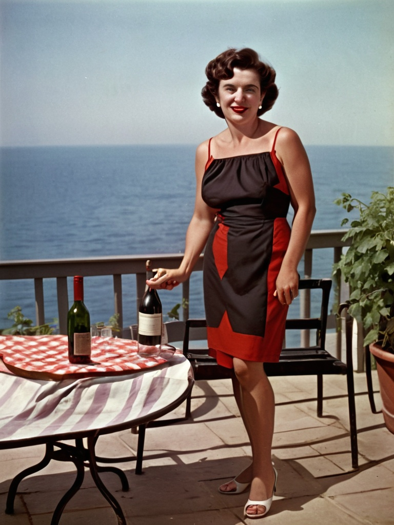 Prompt: a woman in a red and white dress holding a cane and a bottle of wine on a patio table, Ada Gladys Killins, les nabis, full body, a picture