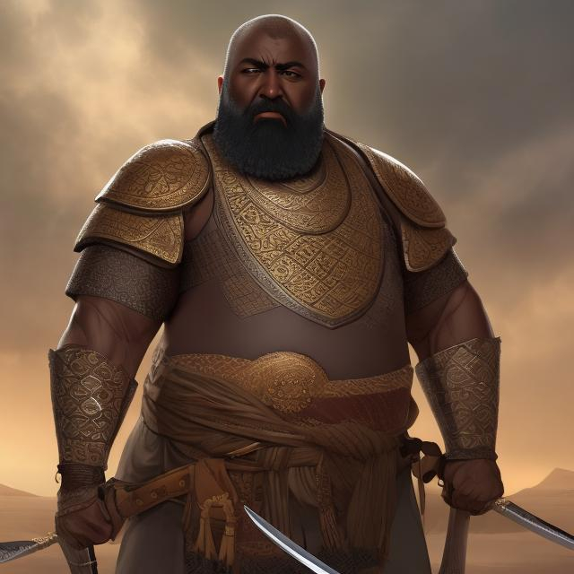 Prompt: A short, bald, dark skinned man with a large beard and a fat belly carrying an arab sword and wearing islamic armor
