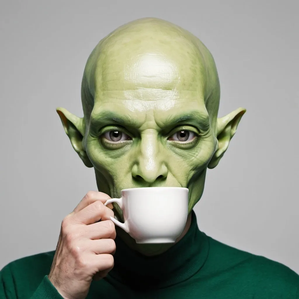 Prompt: A face of a man , half alien green and halve human, drinking a cup of tea 