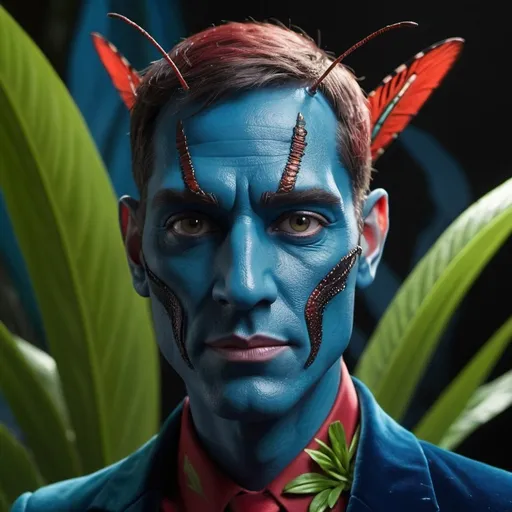 Prompt: Realistic face half man half Grasshopper, wearing costume blue velvet. Dark red, shady , smoky environment spotlight on the man. Green tropical plants In the back.