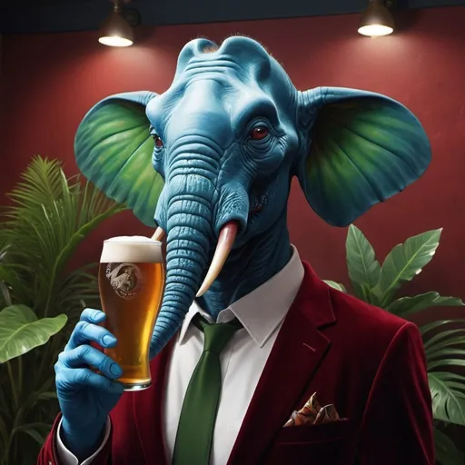 Prompt: Realistic face half man half Grasshopper, wearing costume blue velvet. Dark red, shady , smoky environment spotlight on the man. Green tropical plants on a pilot and a picture on the wall with an elefant drinking a beer.